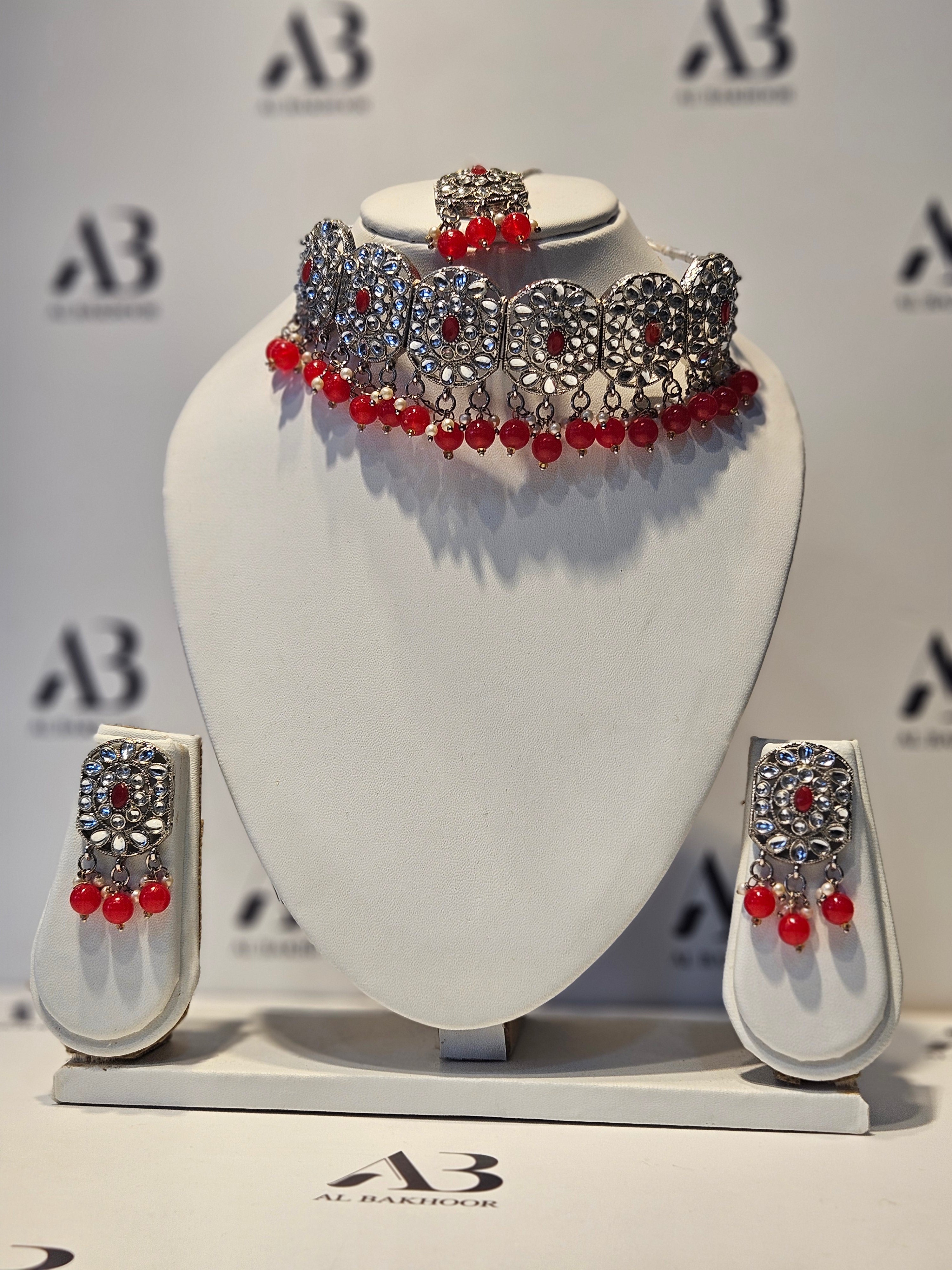 Red Womens Jewellery Set including Necklace, Earrings & Tikka / Headpiece