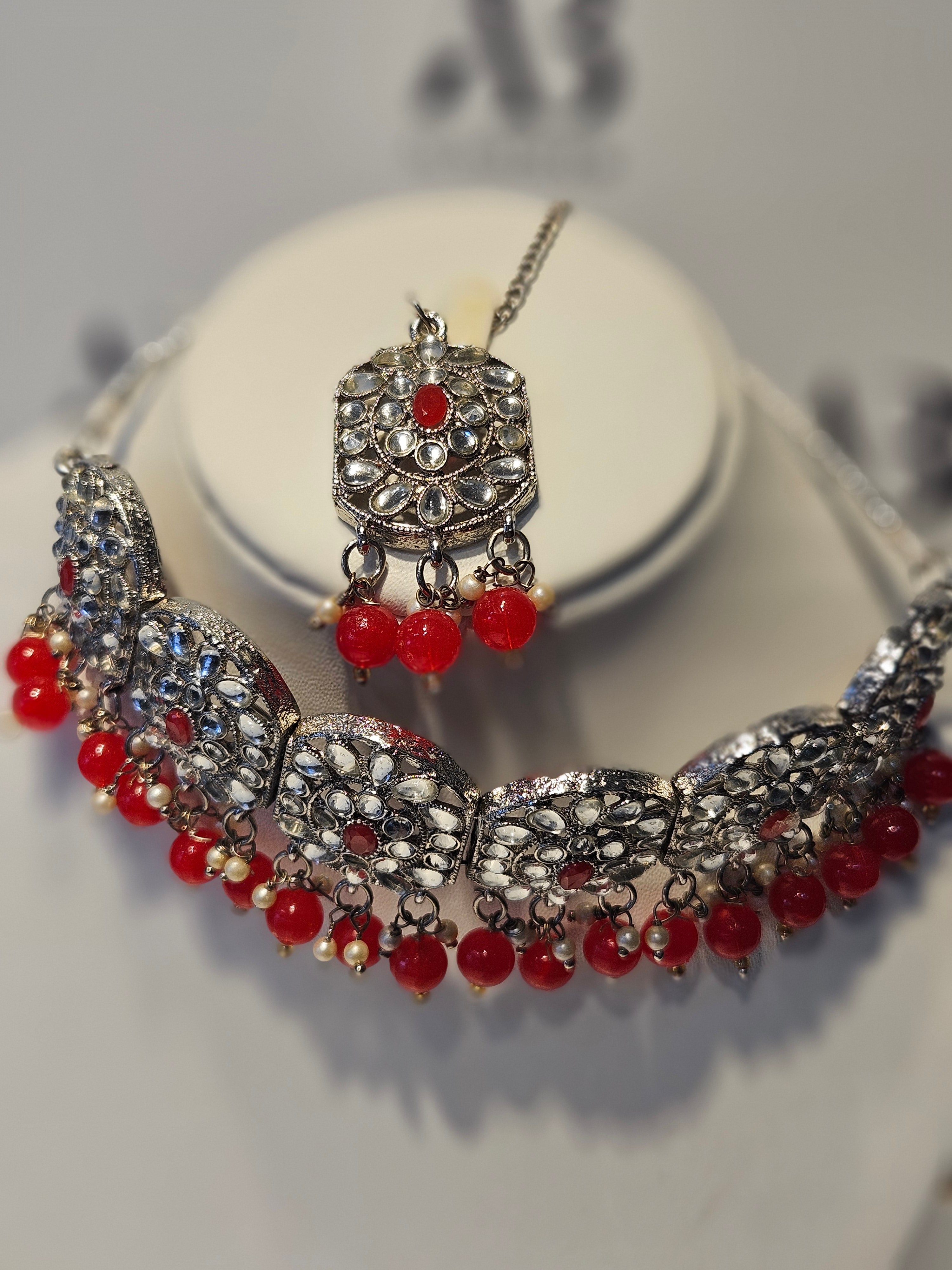 Red Womens Jewellery Set including Necklace, Earrings & Tikka / Headpiece