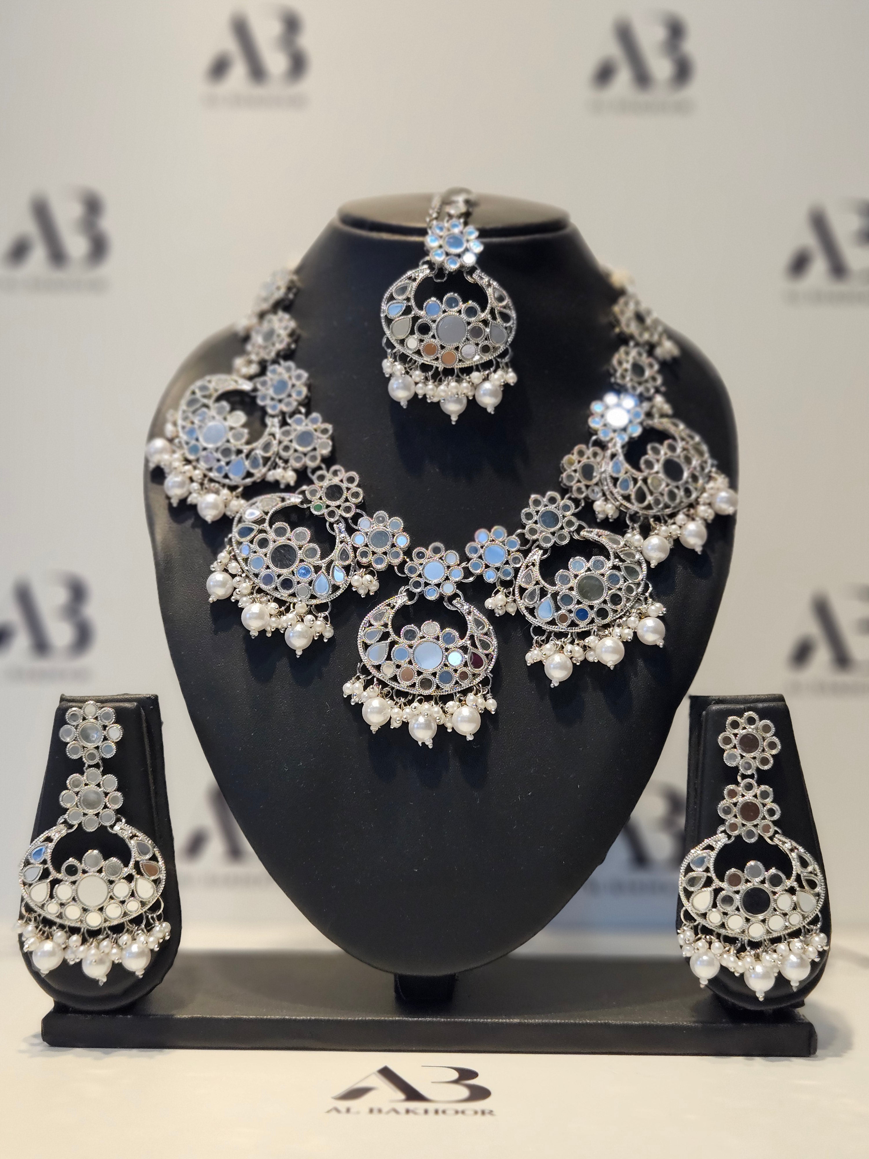 Silver / Pastel Womens Jewellery Set including Necklace, Earrings & Tikka / Headpiece