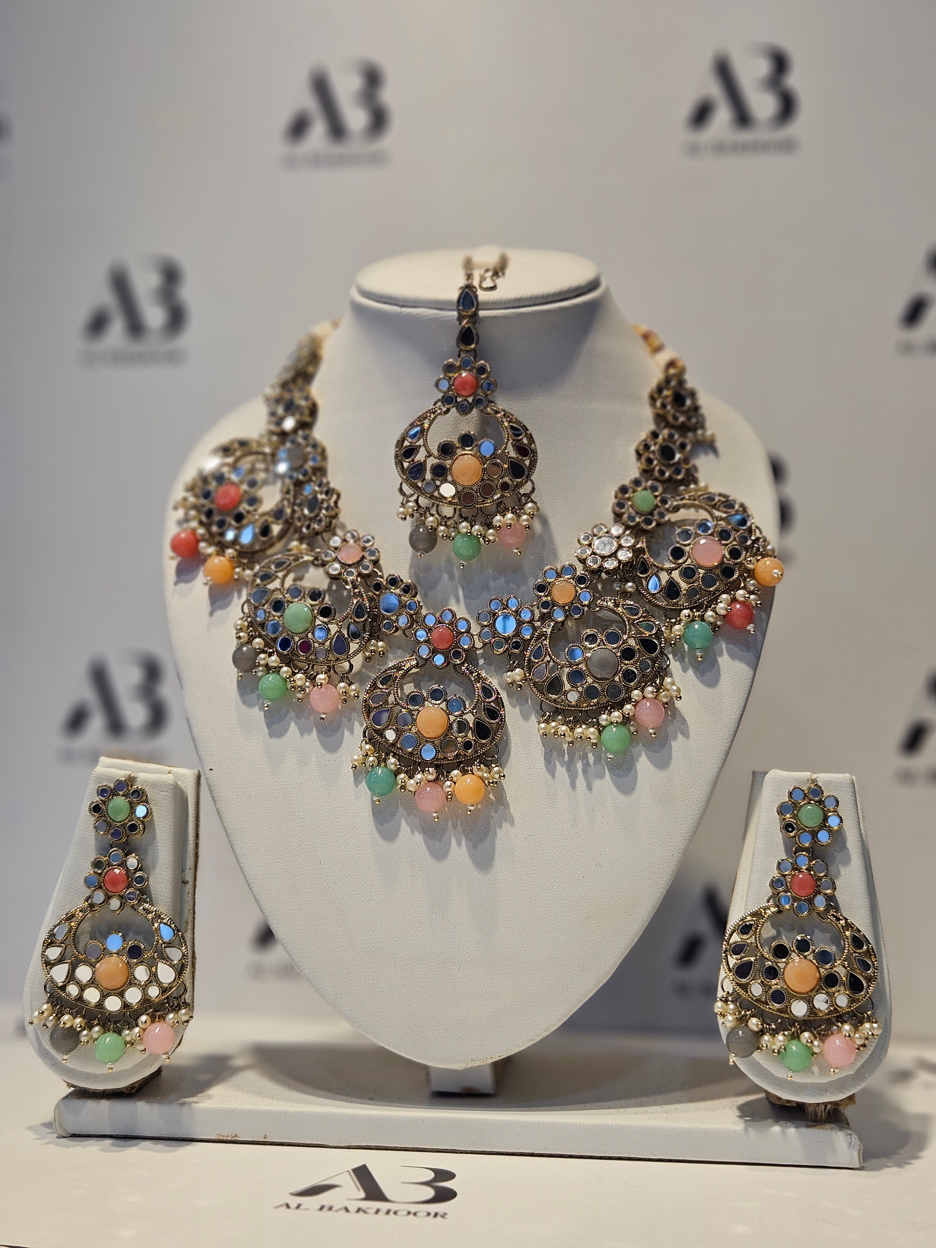 Silver / Pastel Womens Jewellery Set including Necklace, Earrings & Tikka / Headpiece