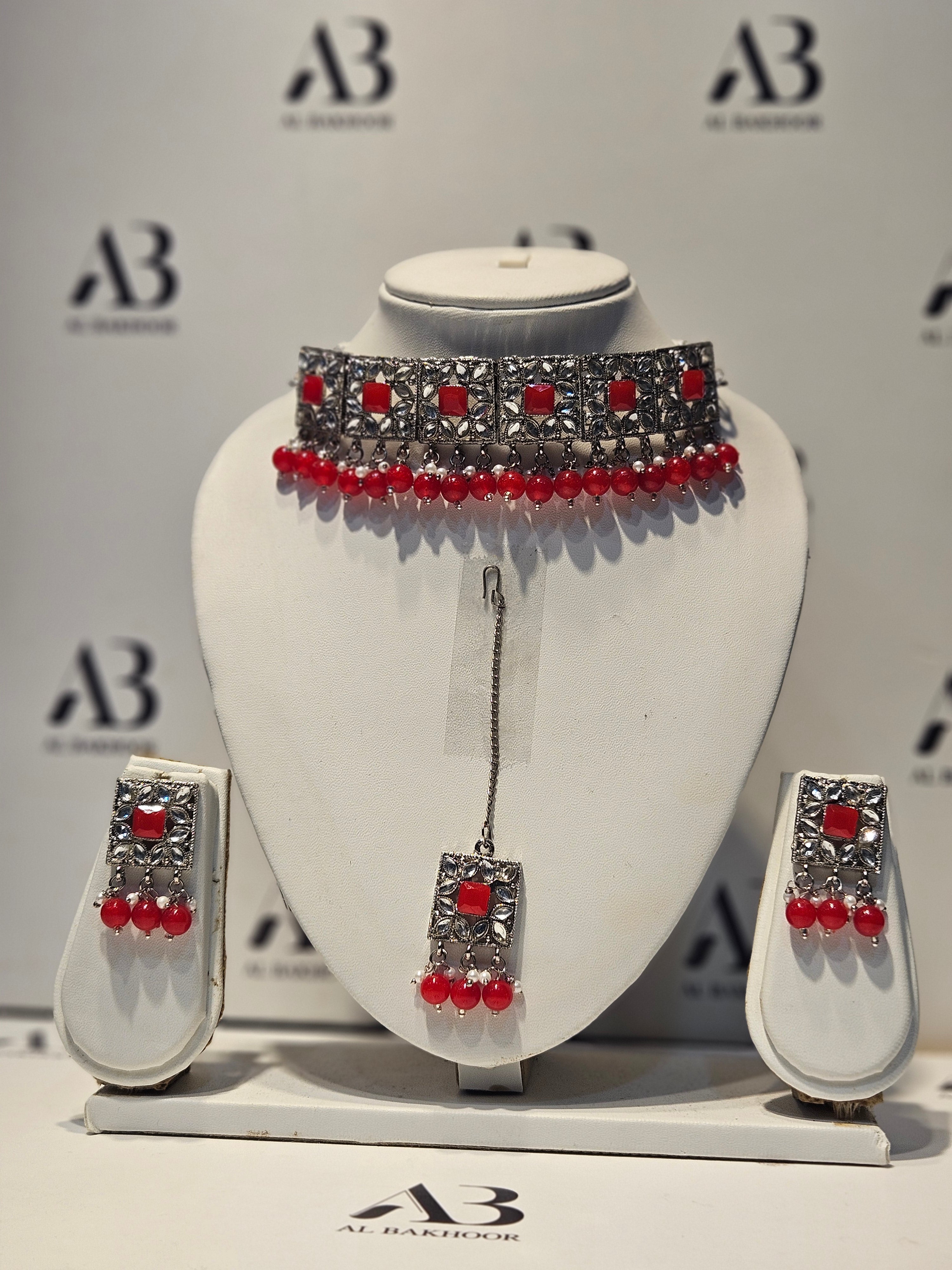 Red Womens Jewellery Set including Necklace, Earrings & Tikka / Headpiece