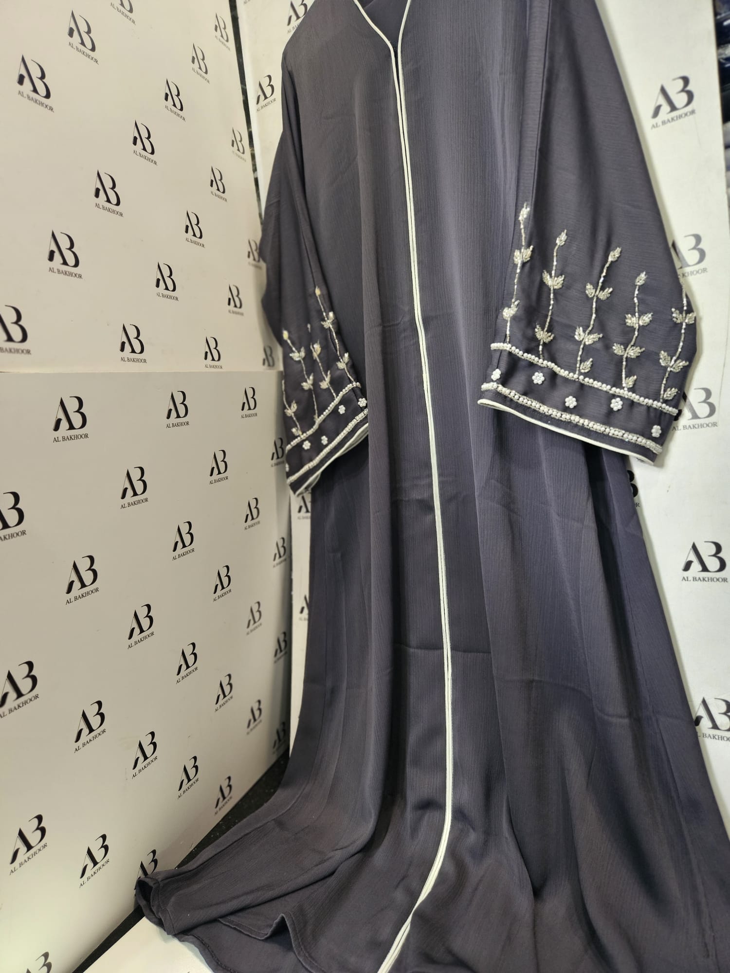 Womens Elegant Grey Abaya With Embroidered sleeves